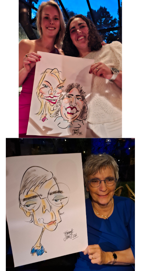 Karikatuur van diverse karikaturen van een feestavond 